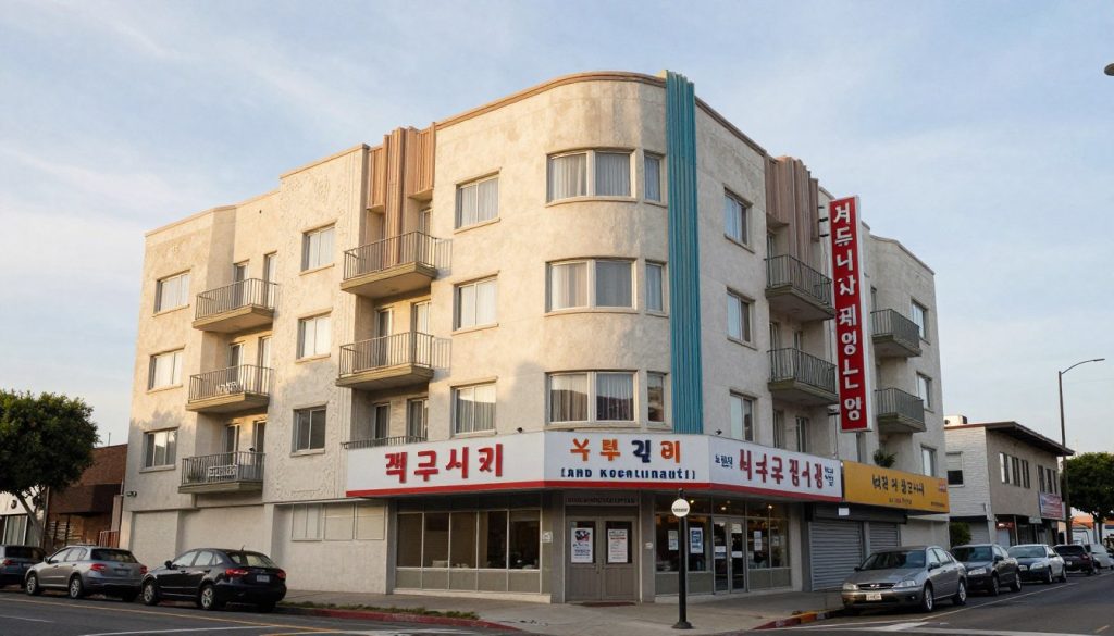 Aging apartment building exterior in Koreatown showing vintage architecture from 1950s era