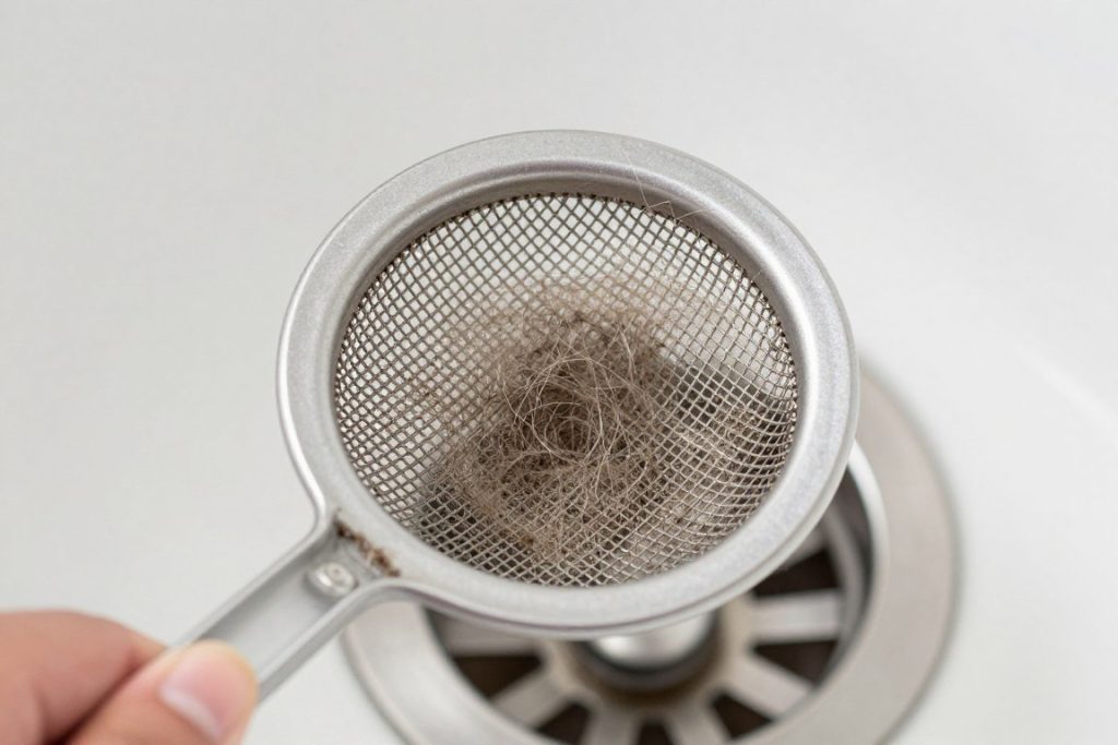 Bathroom drain hair catcher being cleaned Venice home