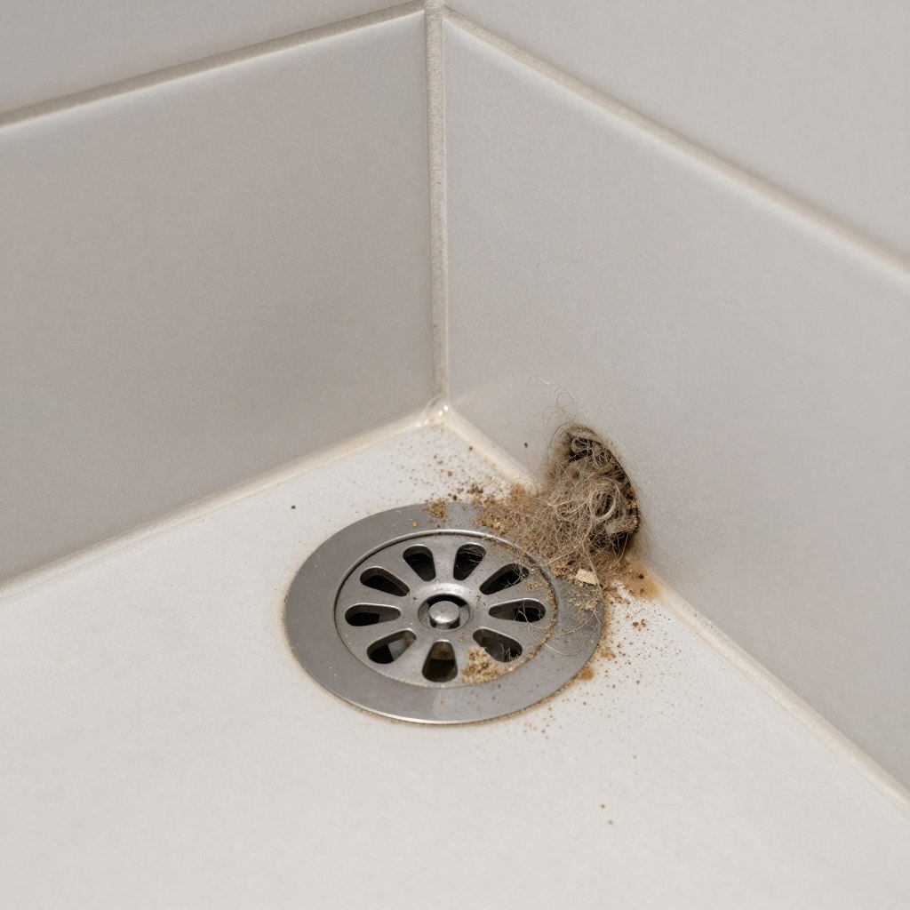 Bathroom shower drain clogged with hair and sand Venice Beach