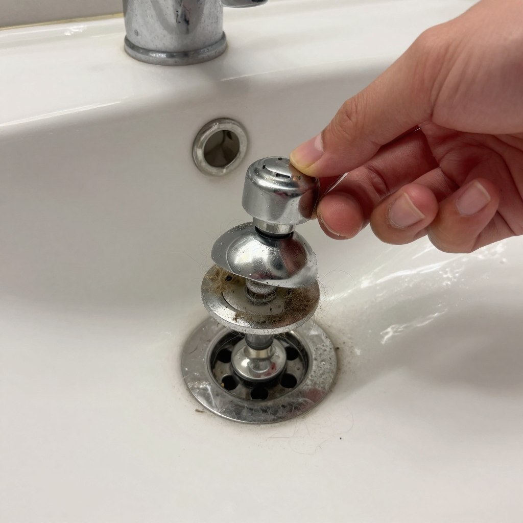 Bathroom sink pop-up drain being cleaned