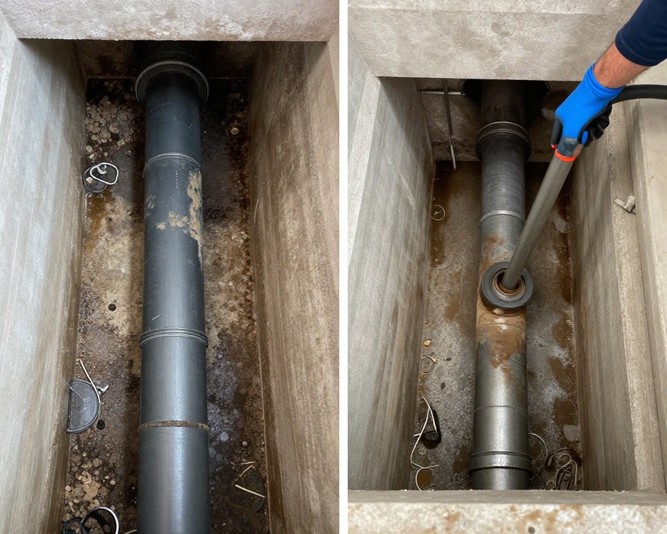 Before and after hydro jetting removing coastal mineral deposits from Venice drain