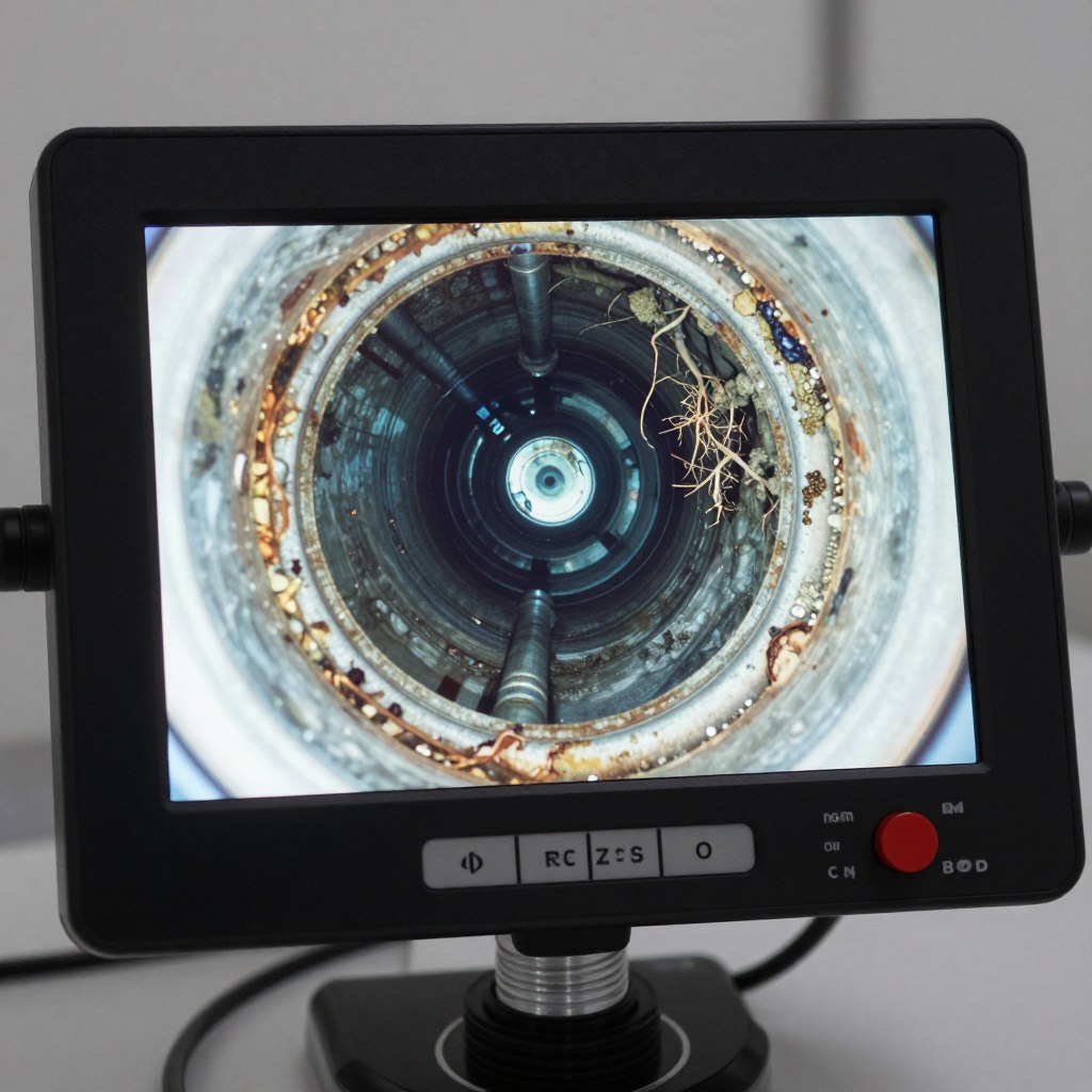 Camera inspection screen showing interior view of corroded galvanized drain pipe