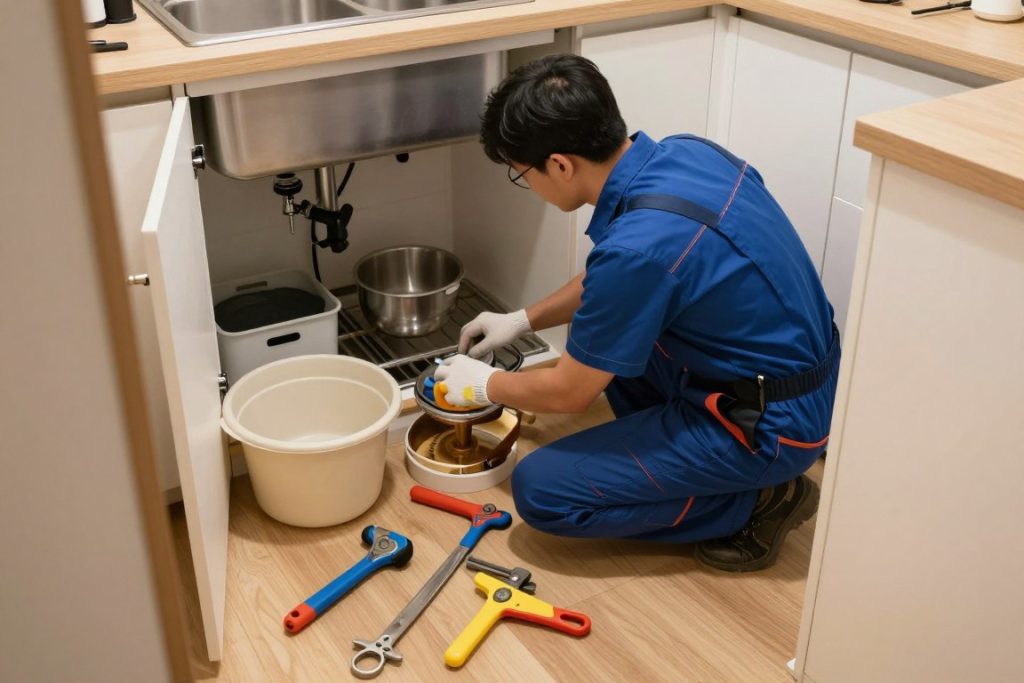 Clogged drain service being performed on kitchen sink in Koreatown apartment