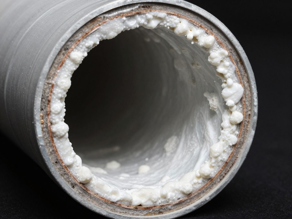 Close-up cross-section view of drain pipe showing thick calcium mineral buildup inside