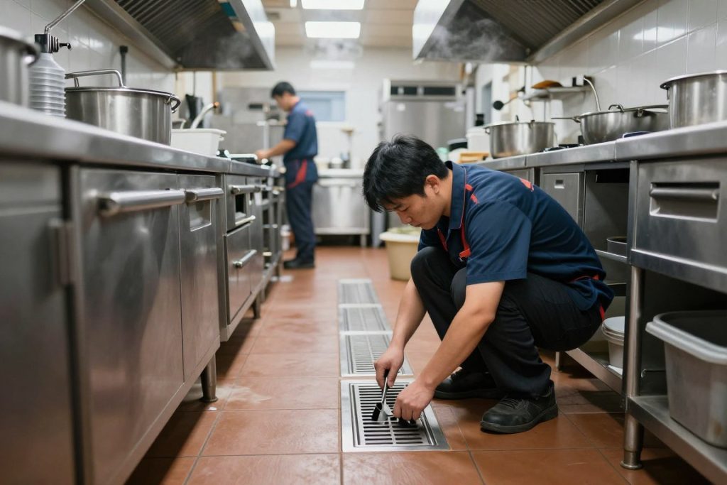 Commercial kitchen drain cleaning in progress at Koreatown restaurant