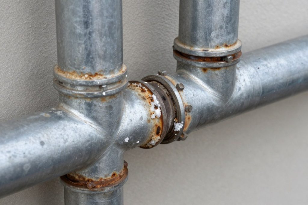 Corroded drain pipes from coastal salt air exposure in Venice CA home