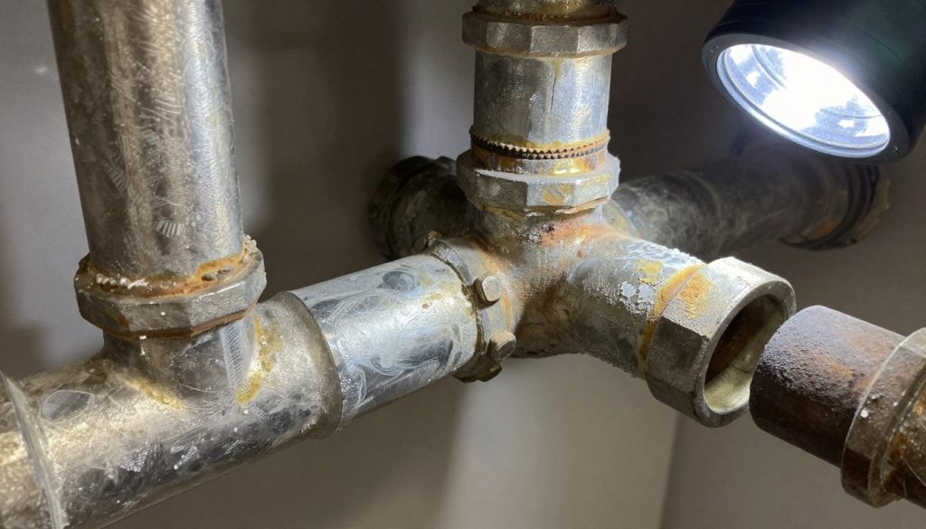 Corroded drain pipes from salt air in Santa Monica coastal home