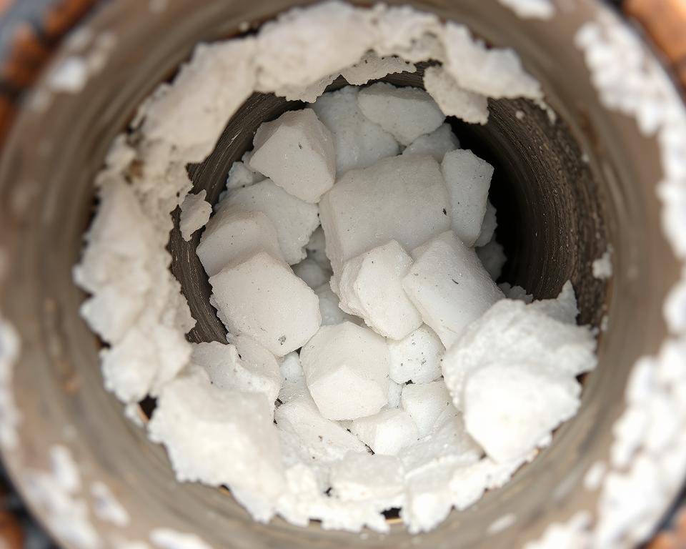 Cross-section view of drain pipe showing calcium mineral deposits and buildup