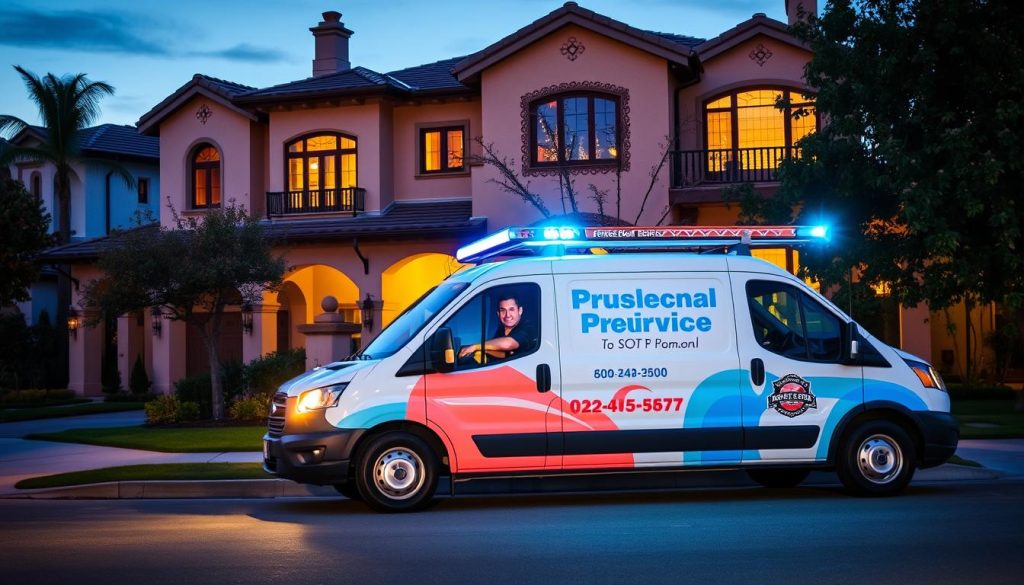 Emergency drain cleaning service truck arriving at Hollywood residence at night
