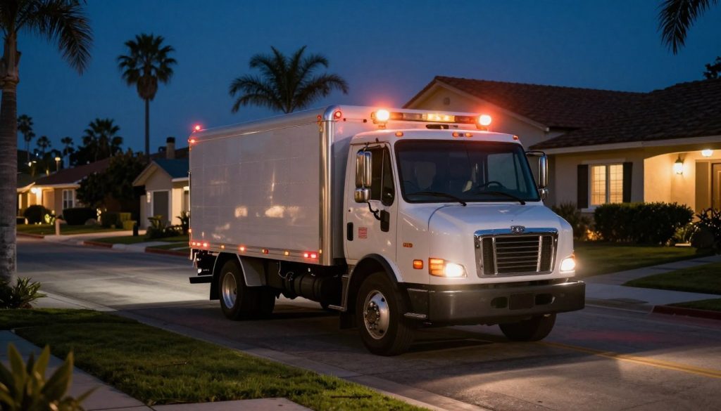 Emergency drain cleaning service truck arriving at Venice CA residence at night