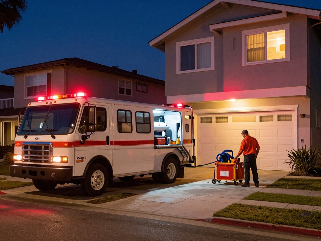 Emergency drain cleaning truck arriving at Venice Beach home at night