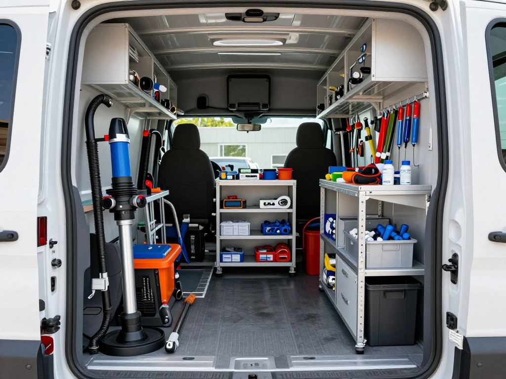 Fully stocked plumbing service van with drain cleaning equipment