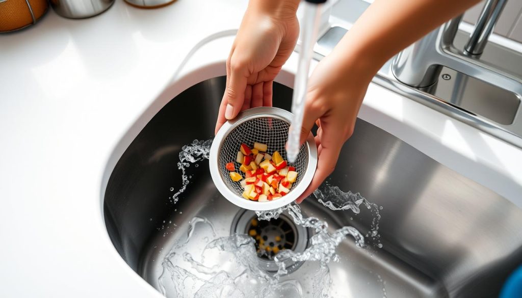 Homeowner practicing proper drain care by using drain strainer