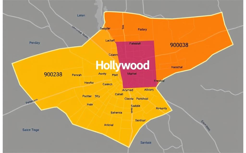 Map highlighting Hollywood ZIP codes 90028 90038 90046 90068 service areas