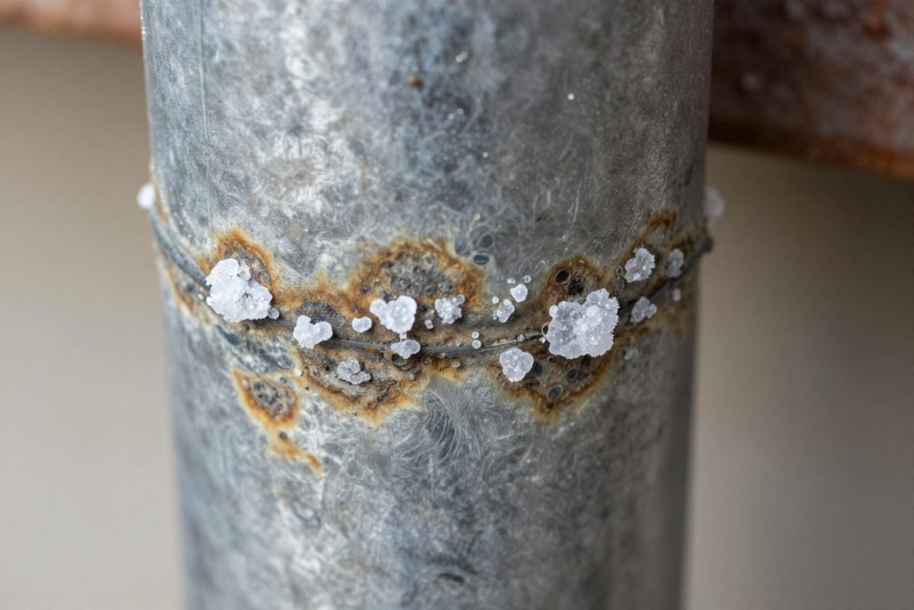 Microscopic view of salt corrosion on Venice drain pipe metal