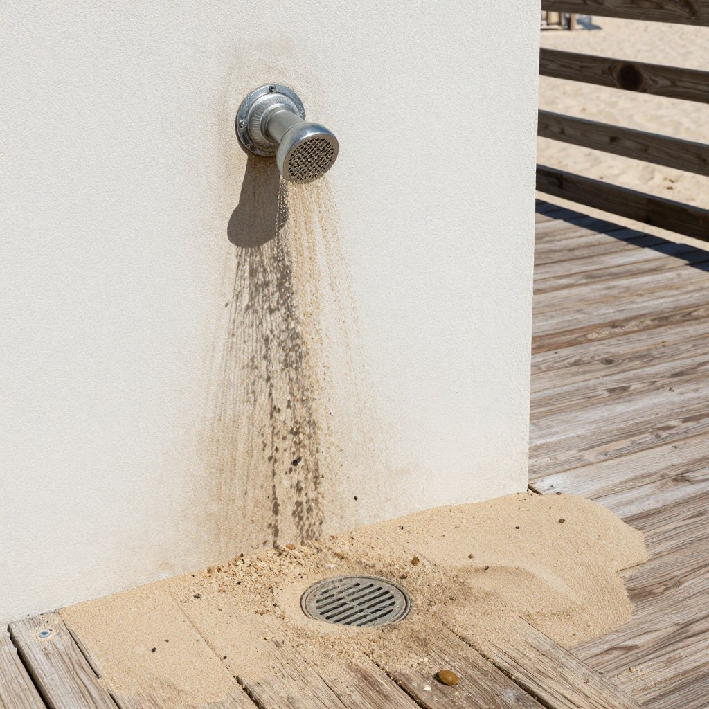 Outdoor shower drain clogged with sand Venice Beach property