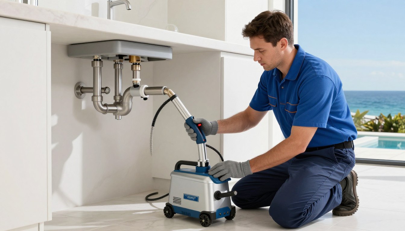 Professional drain cleaning Santa Monica CA technician working on coastal property drain system