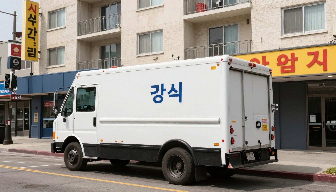 Professional drain cleaning service truck arriving at Koreatown Los Angeles apartment building