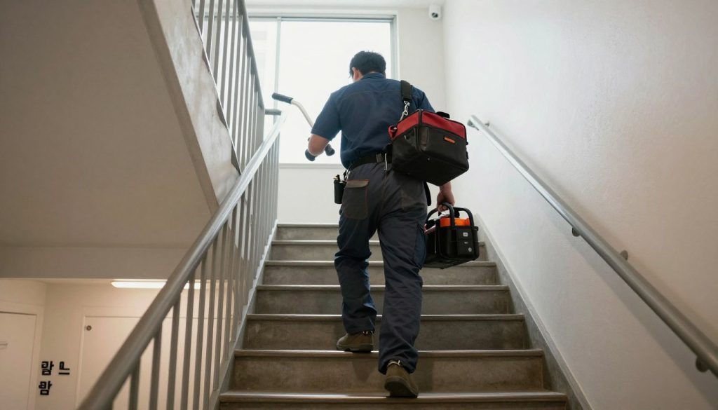 Professional drain cleaning technician arriving at Koreatown home with equipment for same day service