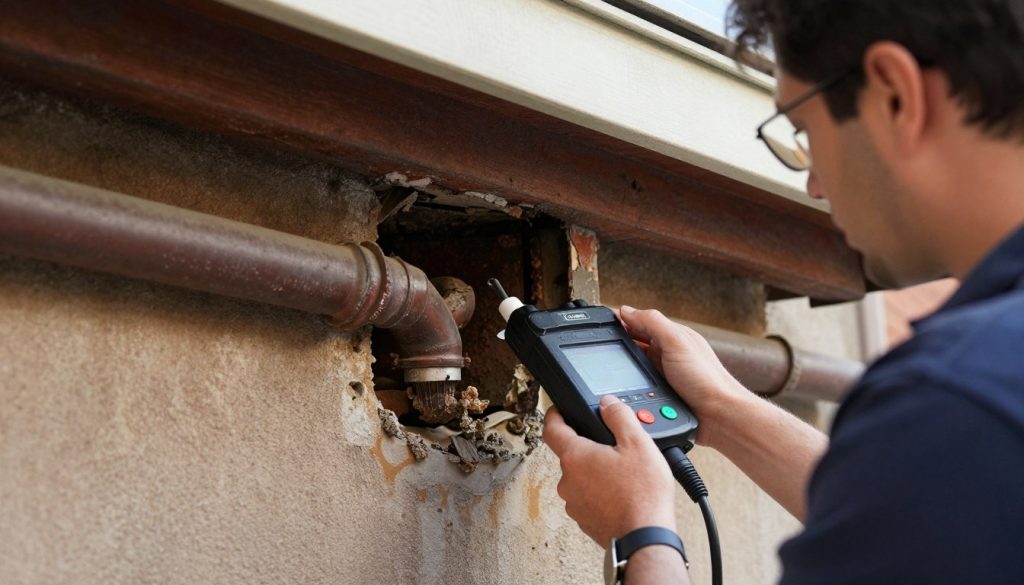 Professional inspection of corroded drain pipes in historic Venice bungalow