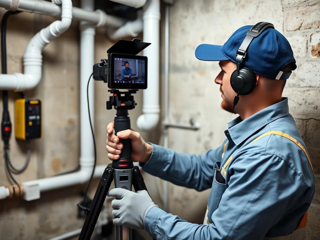 Professional plumber performing video camera drain inspection in Hollywood home