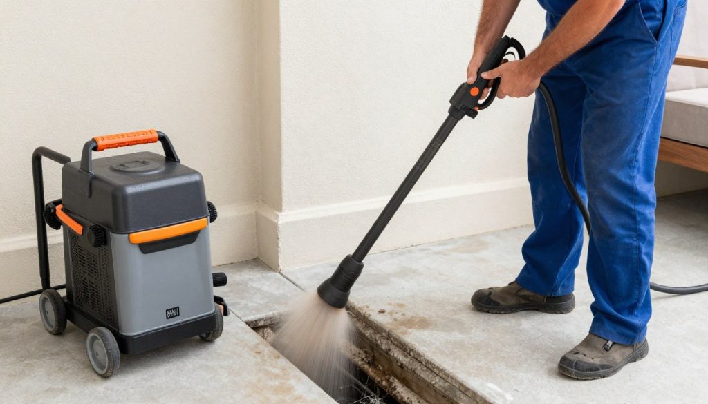 Professional plumber using hydro jetting equipment for drain cleaning Venice Beach