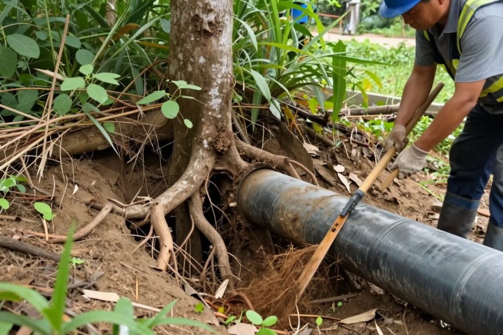 Root infiltration in Venice canal district drain pipe requiring cleaning service