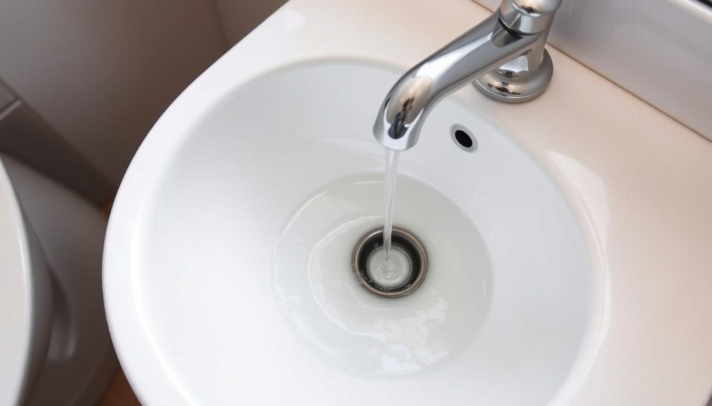 Slow draining bathroom sink showing standing water and drainage problems