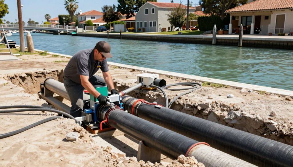 Trenchless pipe lining equipment at Venice canal district property