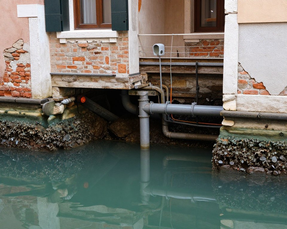 Venice canal district home foundation showing water table effects on plumbing